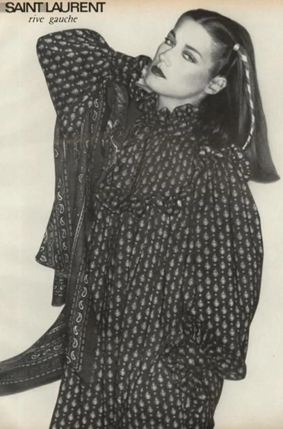 Fall 1977 Yves Saint Laurent Pretty Floral Printed Silk Smock Dress w Velvet Detailing