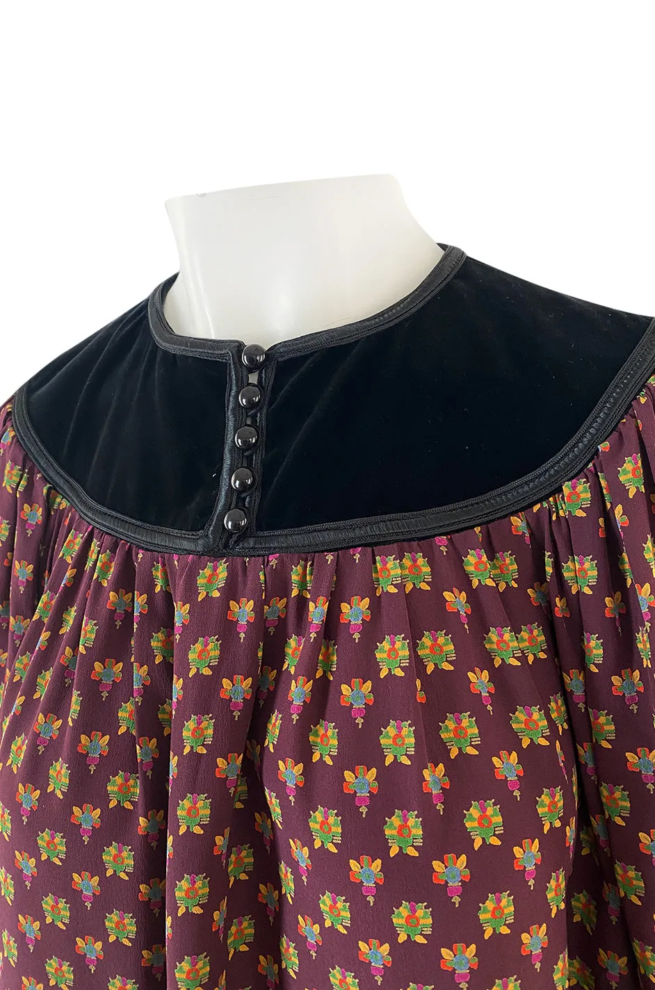 Fall 1977 Yves Saint Laurent Pretty Floral Printed Silk Smock Dress w Velvet Detailing