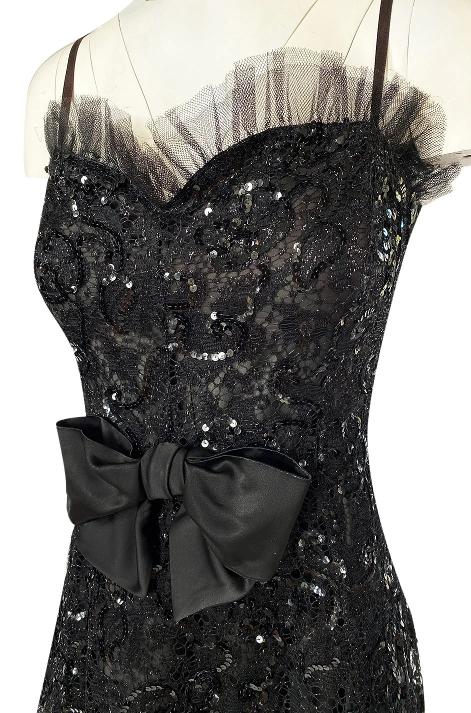 Fall 1987 Yves Saint Laurent Metallic Lame Lace & Black Sequin Bow Dress