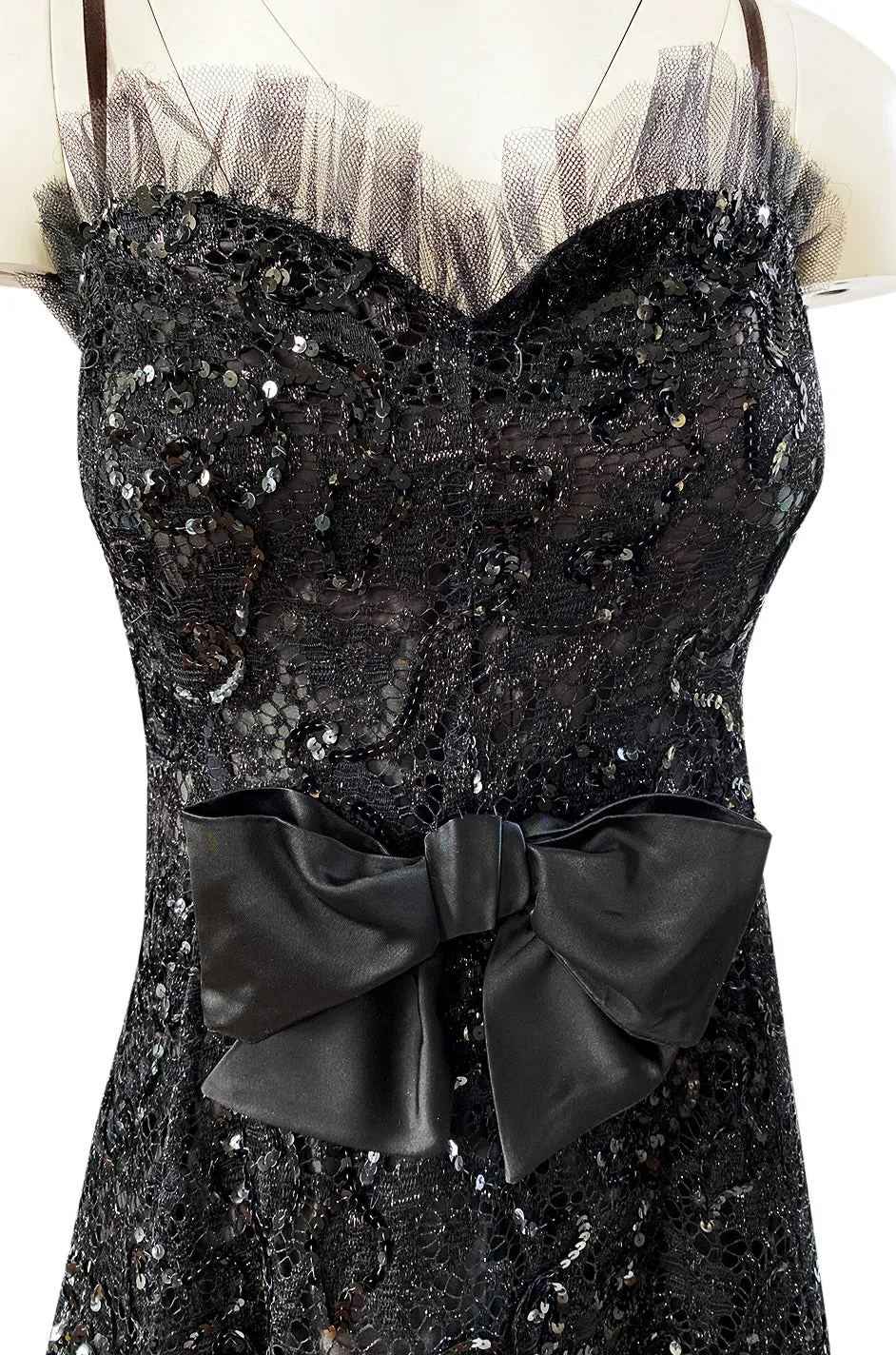Fall 1987 Yves Saint Laurent Metallic Lame Lace & Black Sequin Bow Dress