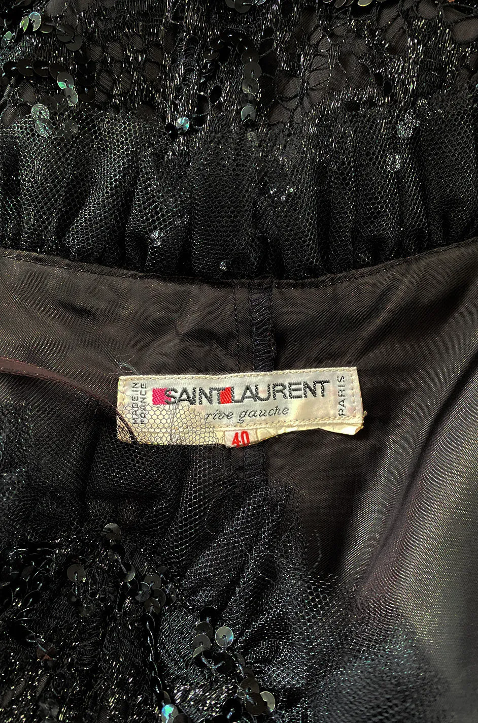 Fall 1987 Yves Saint Laurent Metallic Lame Lace & Black Sequin Bow Dress