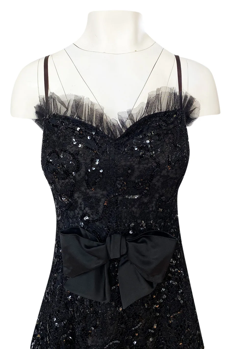 Fall 1987 Yves Saint Laurent Metallic Lame Lace & Black Sequin Bow Dress