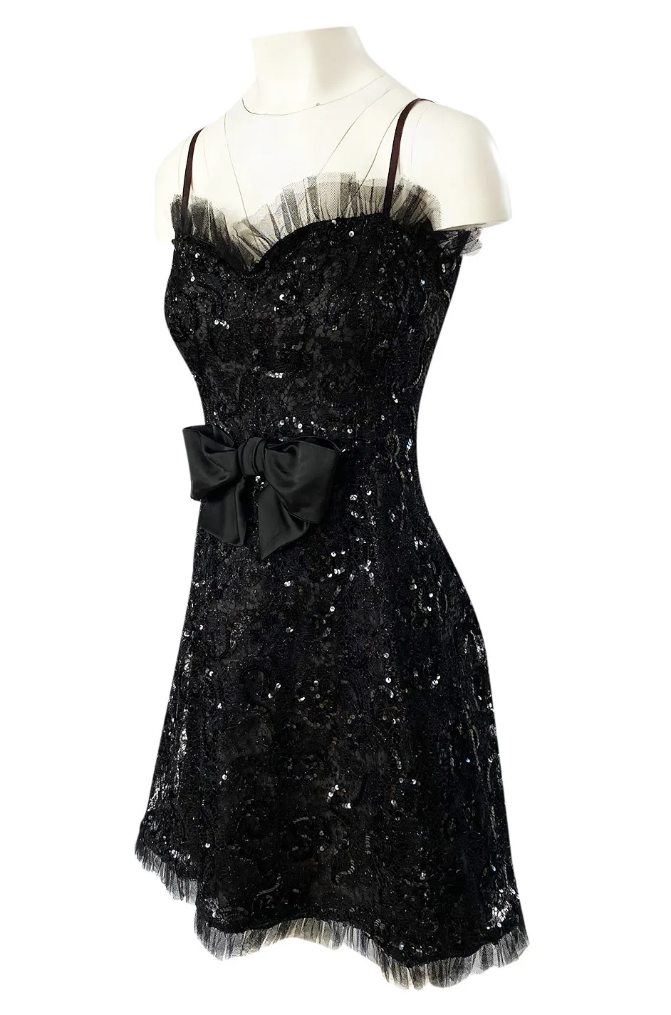 Fall 1987 Yves Saint Laurent Metallic Lame Lace & Black Sequin Bow Dress