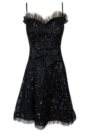 Fall 1987 Yves Saint Laurent Metallic Lame Lace & Black Sequin Bow Dress