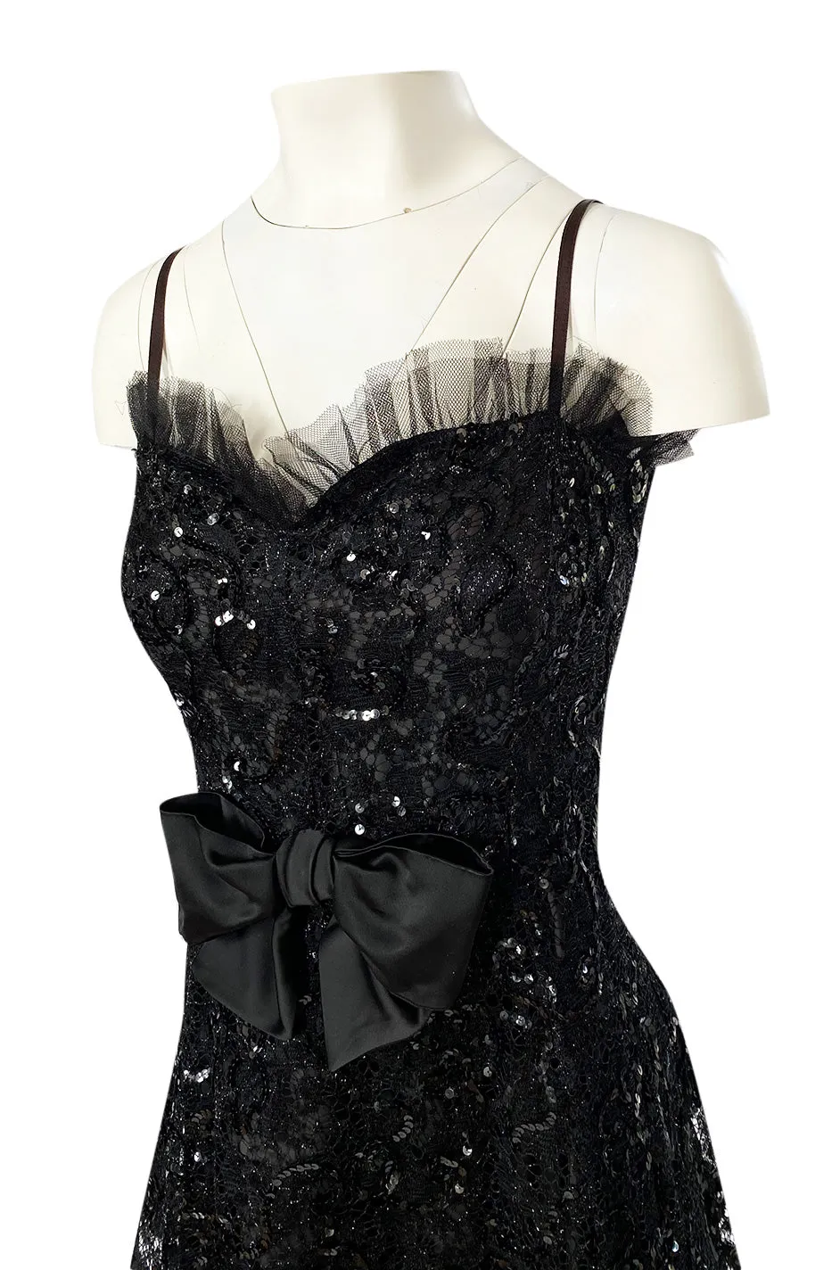 Fall 1987 Yves Saint Laurent Metallic Lame Lace & Black Sequin Bow Dress