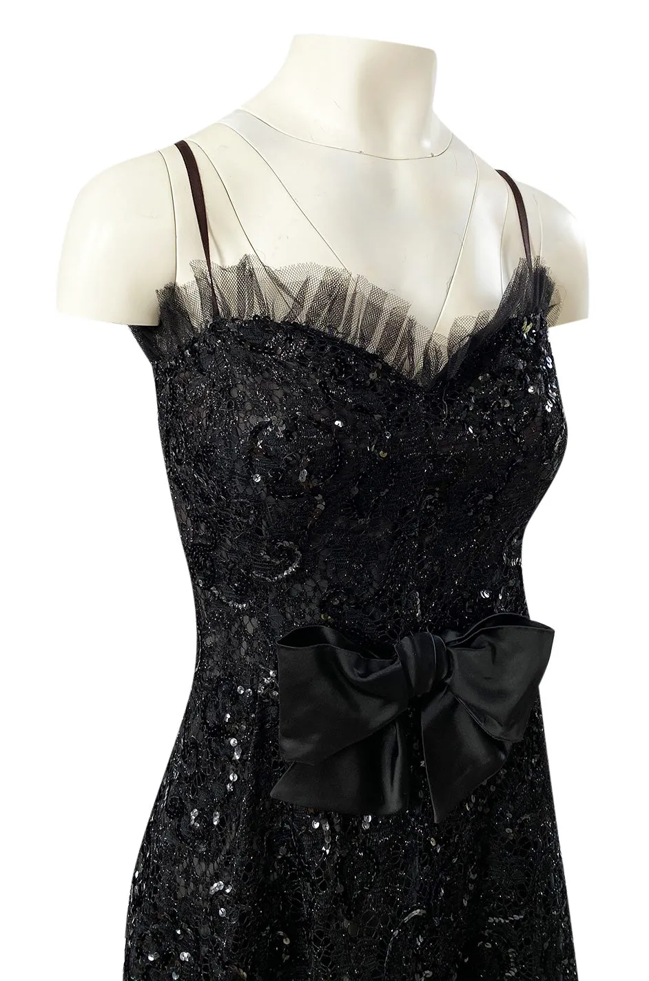 Fall 1987 Yves Saint Laurent Metallic Lame Lace & Black Sequin Bow Dress