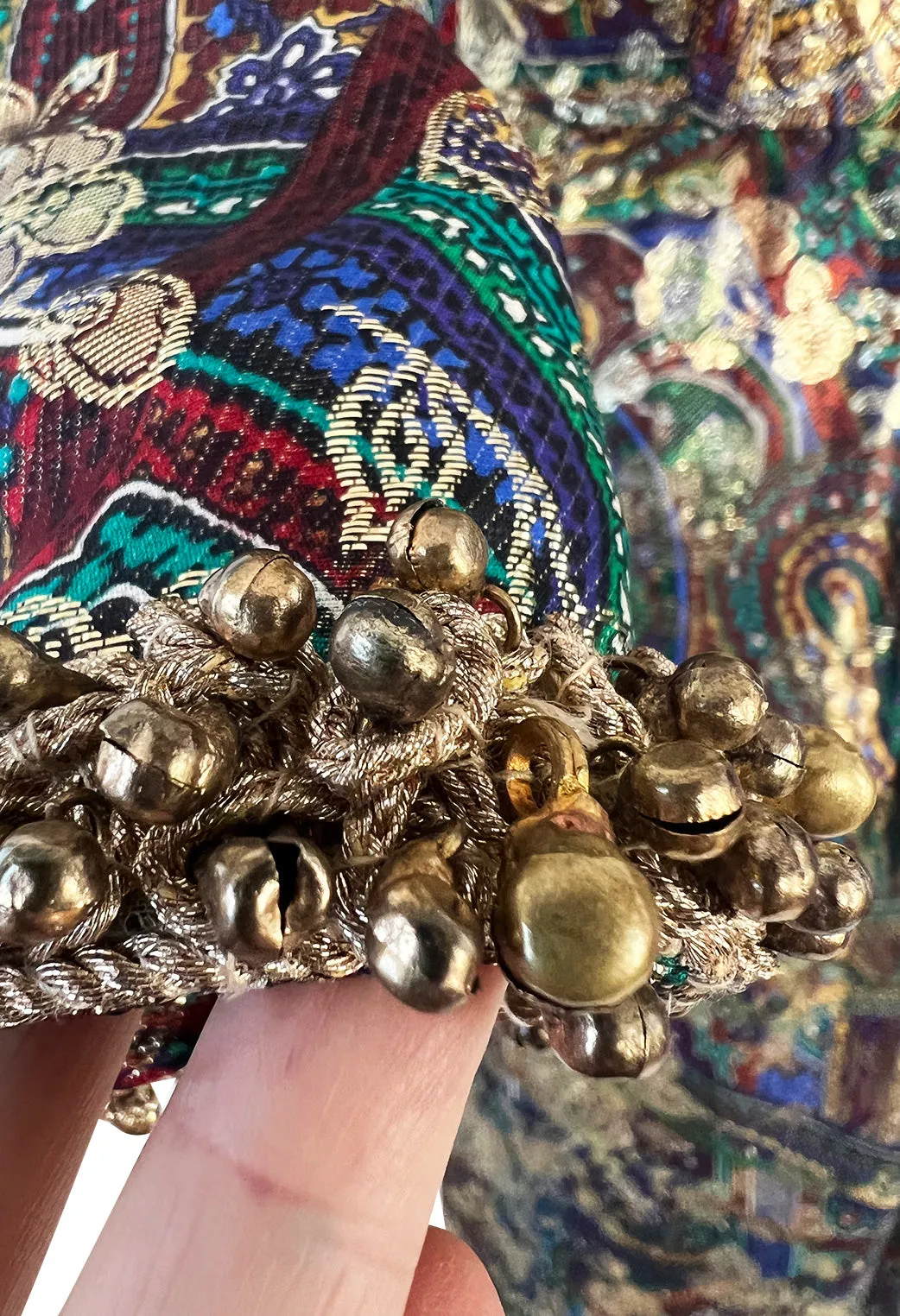 Fall 1990 Oscar de la Renta Metallic Gold Silk Lame Dress w Brass Bell Trim