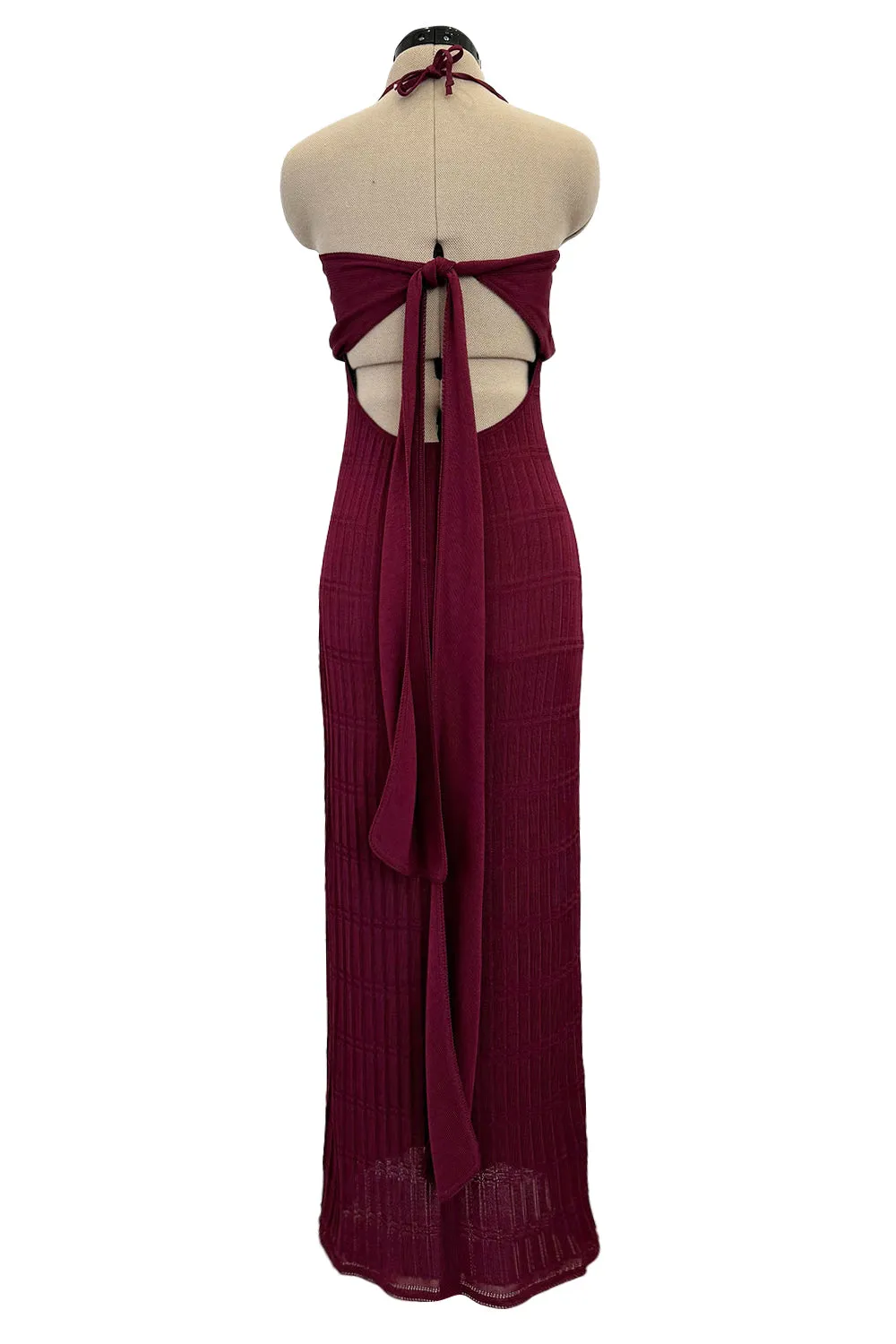 Fantastic Fall 1997 John Galliano Mid Calf Deep Burgundy Knit Dress w Tie Back