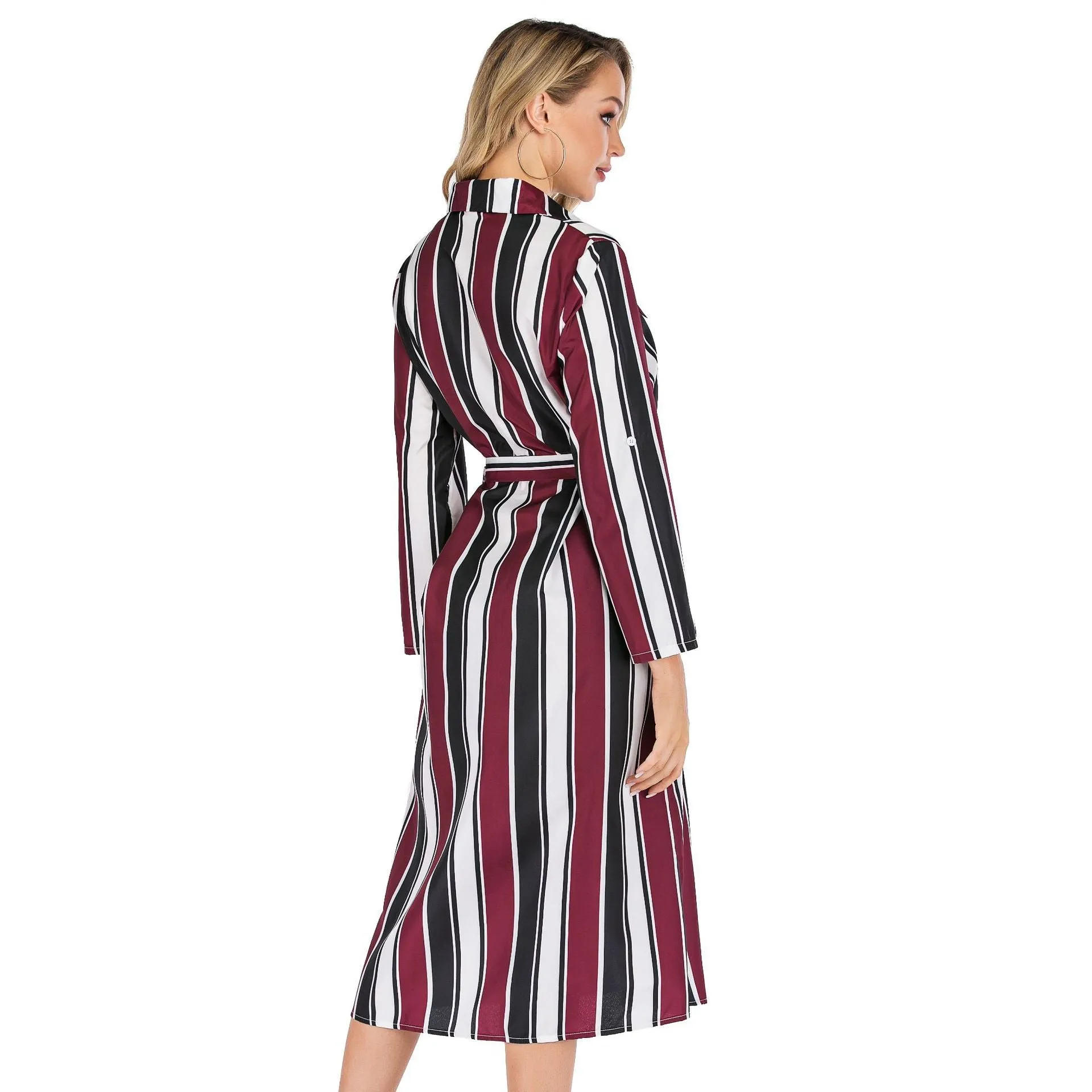 Fashion Turnover Collar Striped Split Long Sleeves Dresses