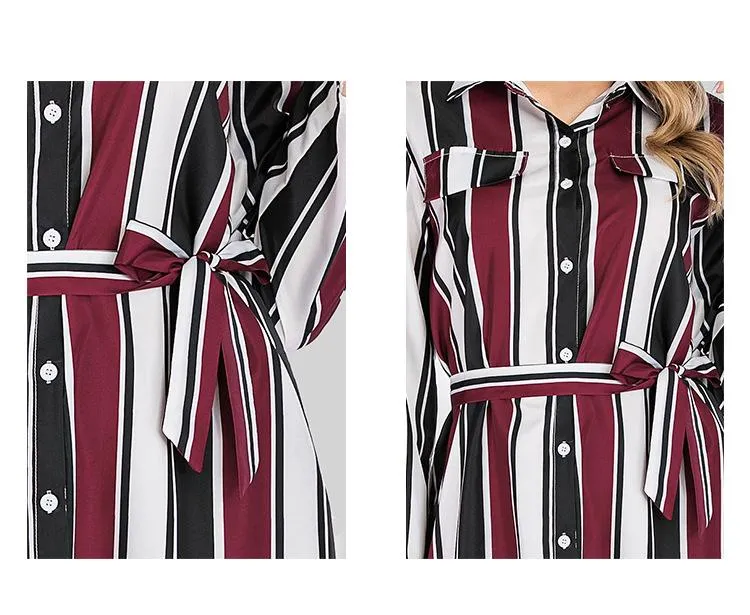 Fashion Turnover Collar Striped Split Long Sleeves Dresses