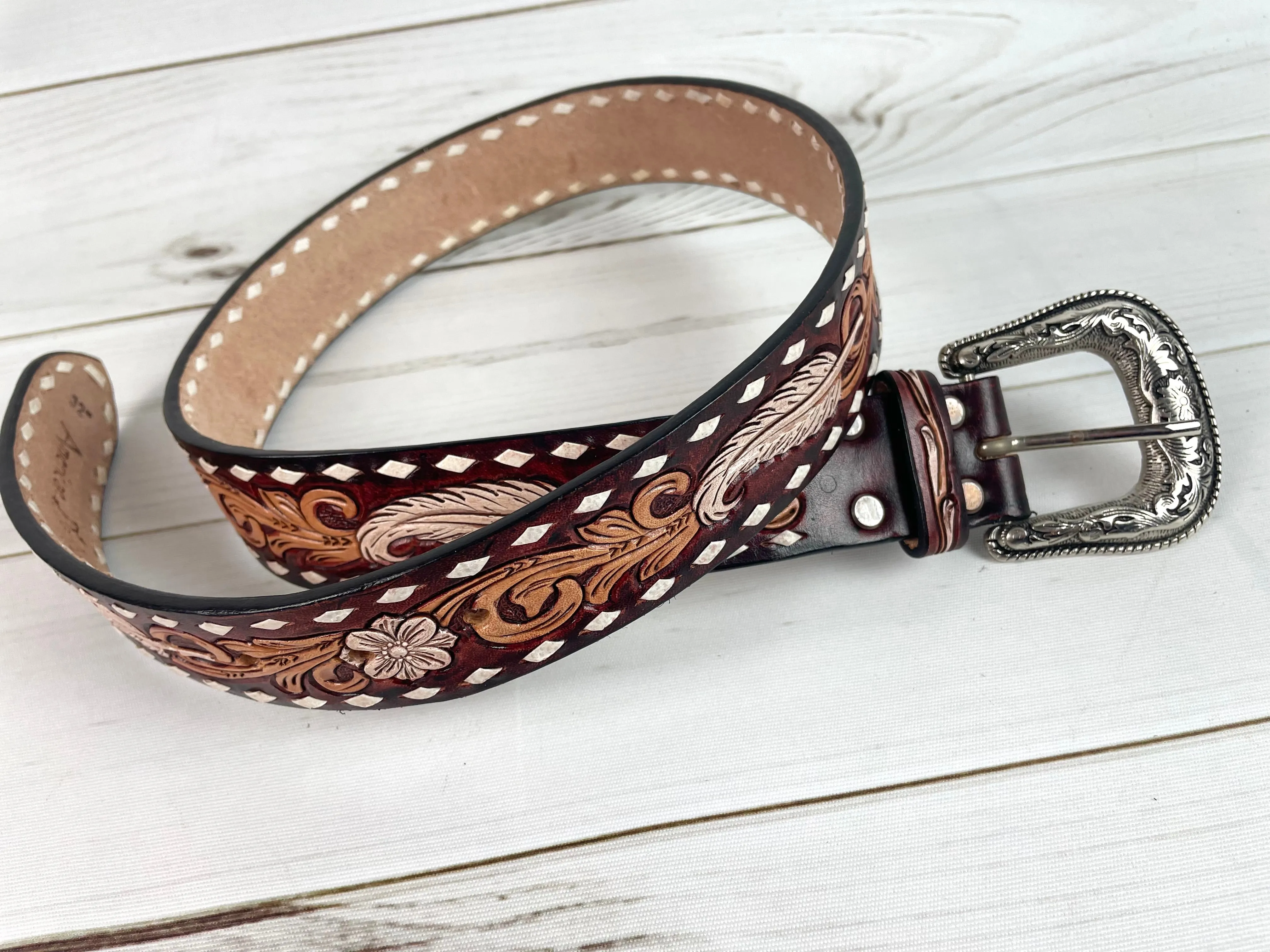 Feather Floral Tooled Buckstitch Leather Woman’s Belt