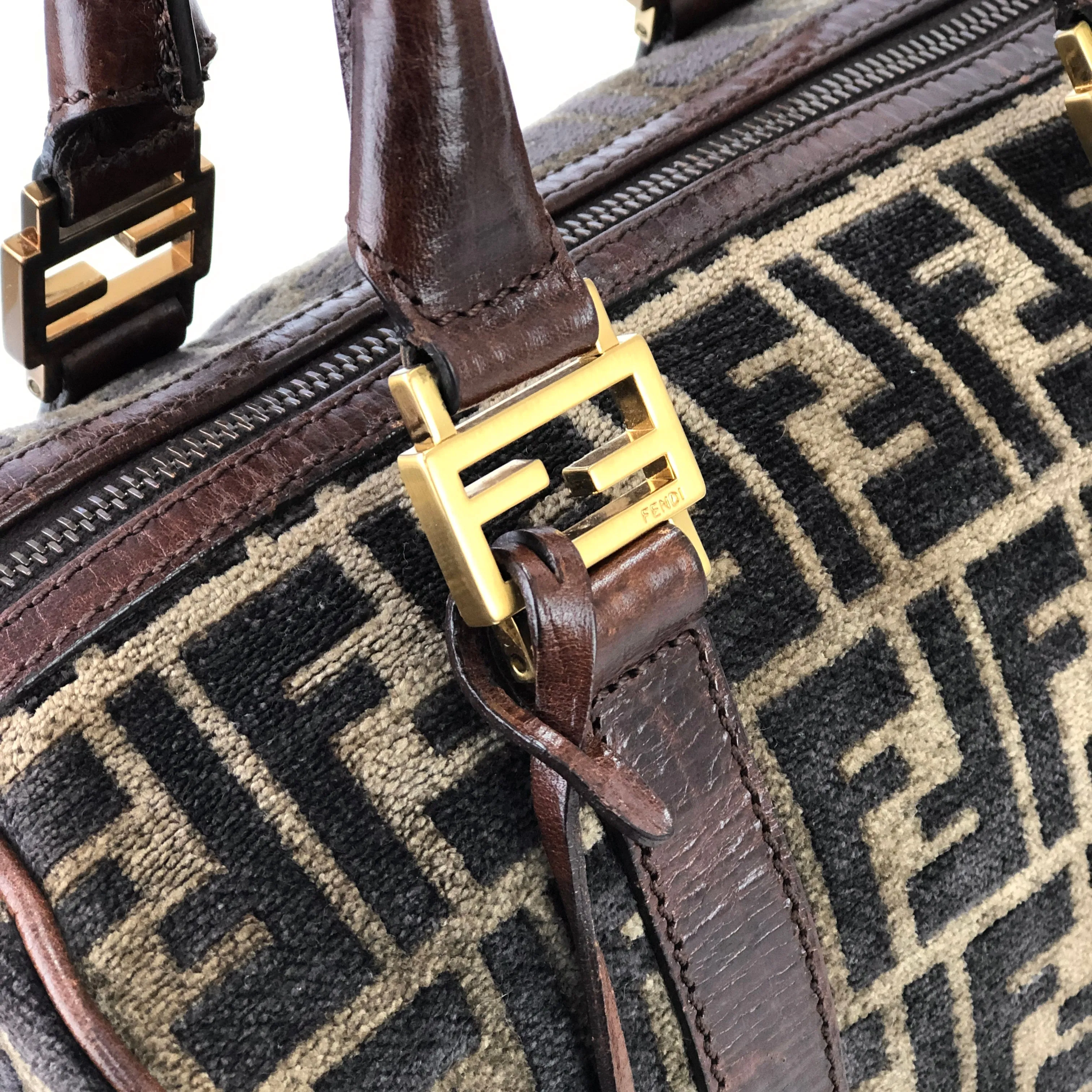 FENDI Zucca Velour Small Bostonbag Handbag Brown Vintage Old 3784cm