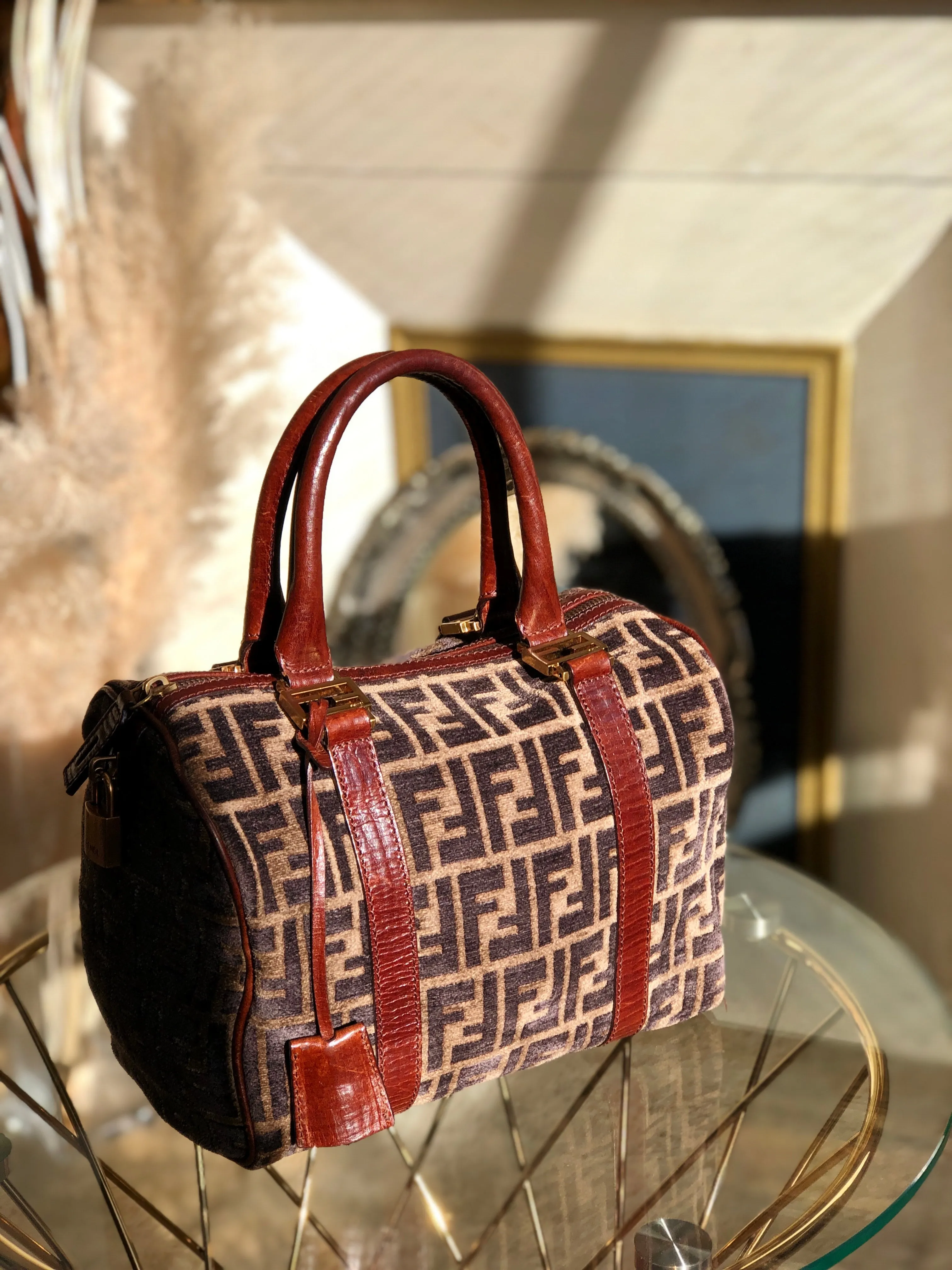 FENDI Zucca Velour Small Bostonbag Handbag Brown Vintage Old 3784cm