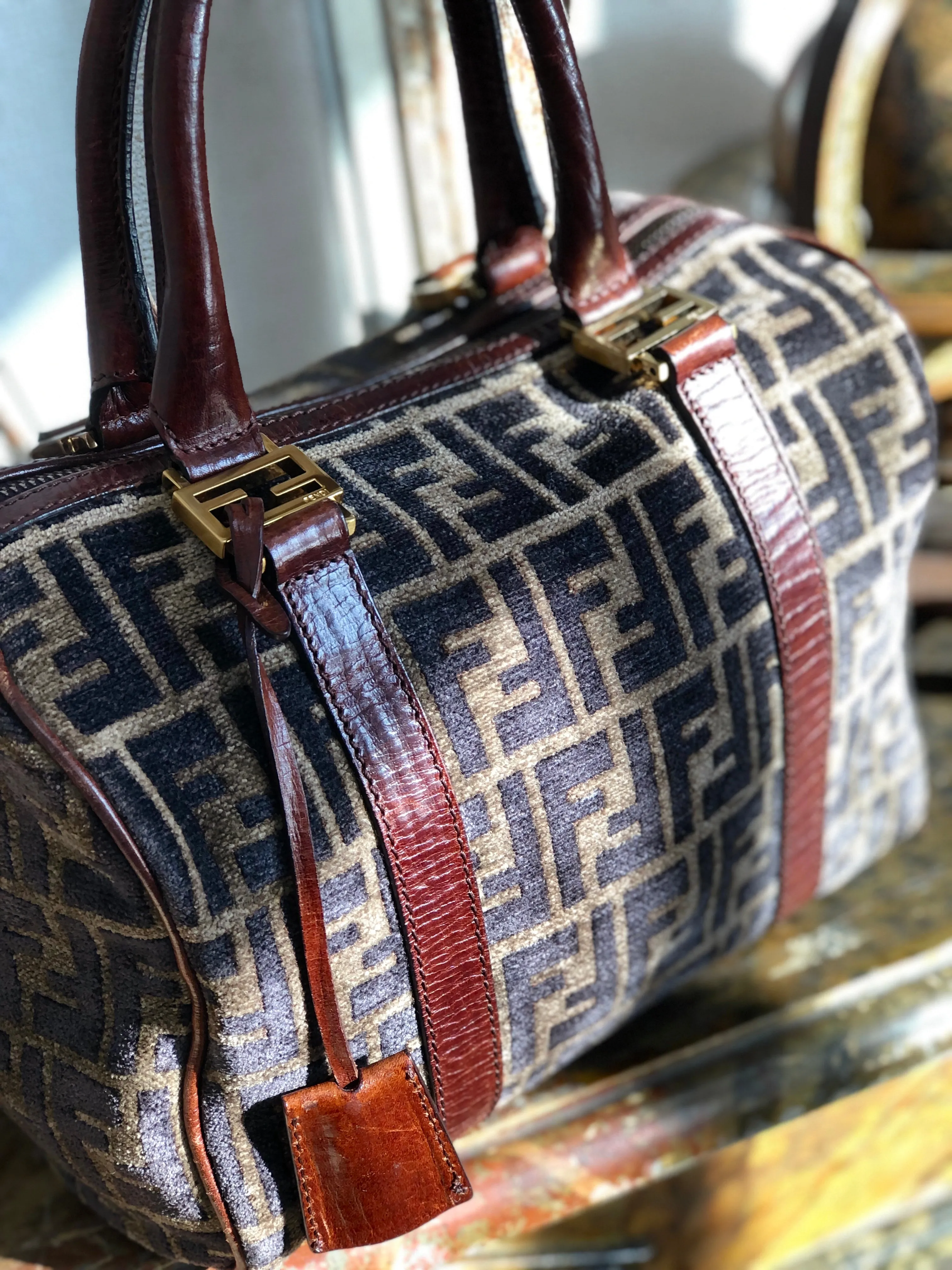 FENDI Zucca Velour Small Bostonbag Handbag Brown Vintage Old 3784cm