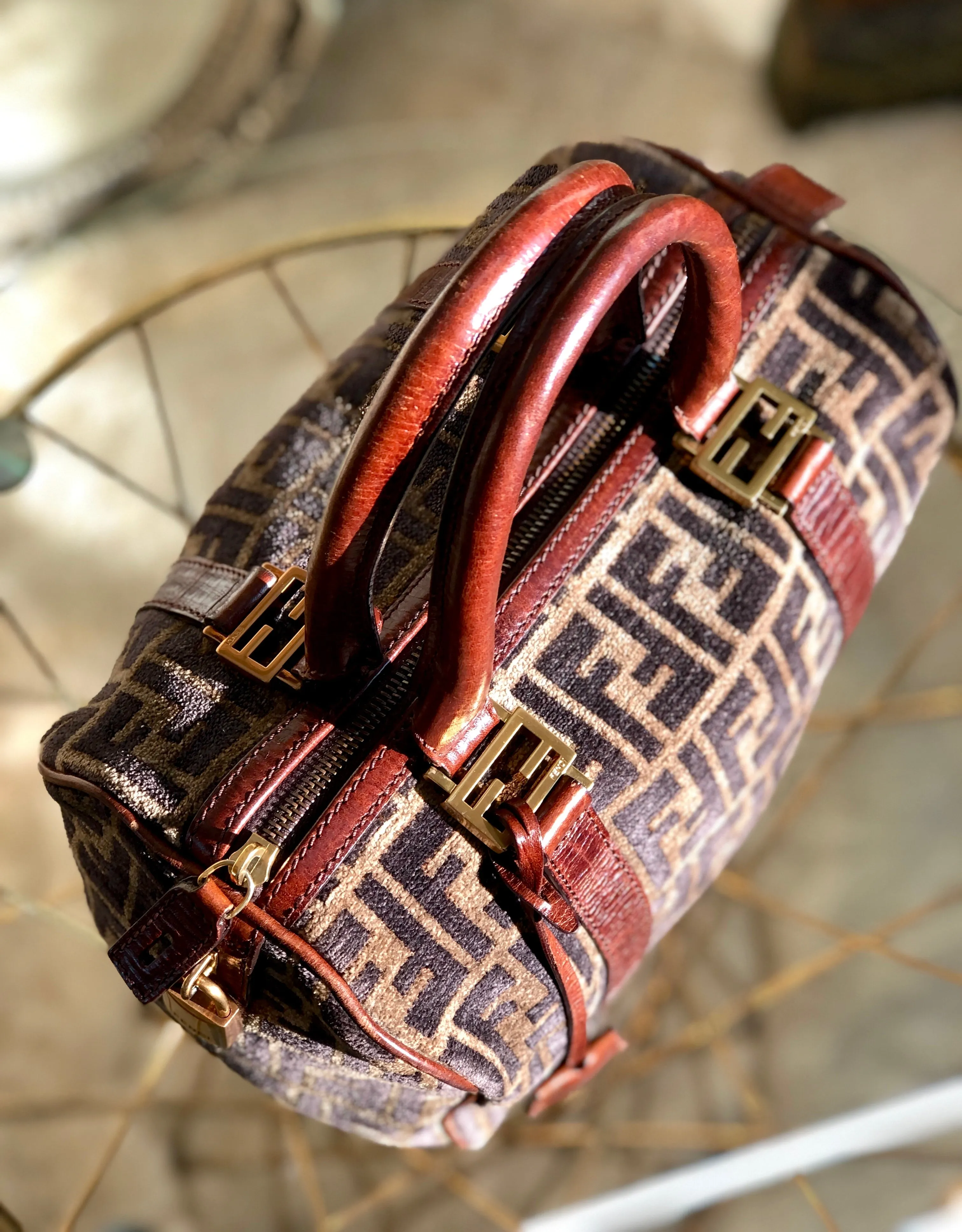 FENDI Zucca Velour Small Bostonbag Handbag Brown Vintage Old 3784cm