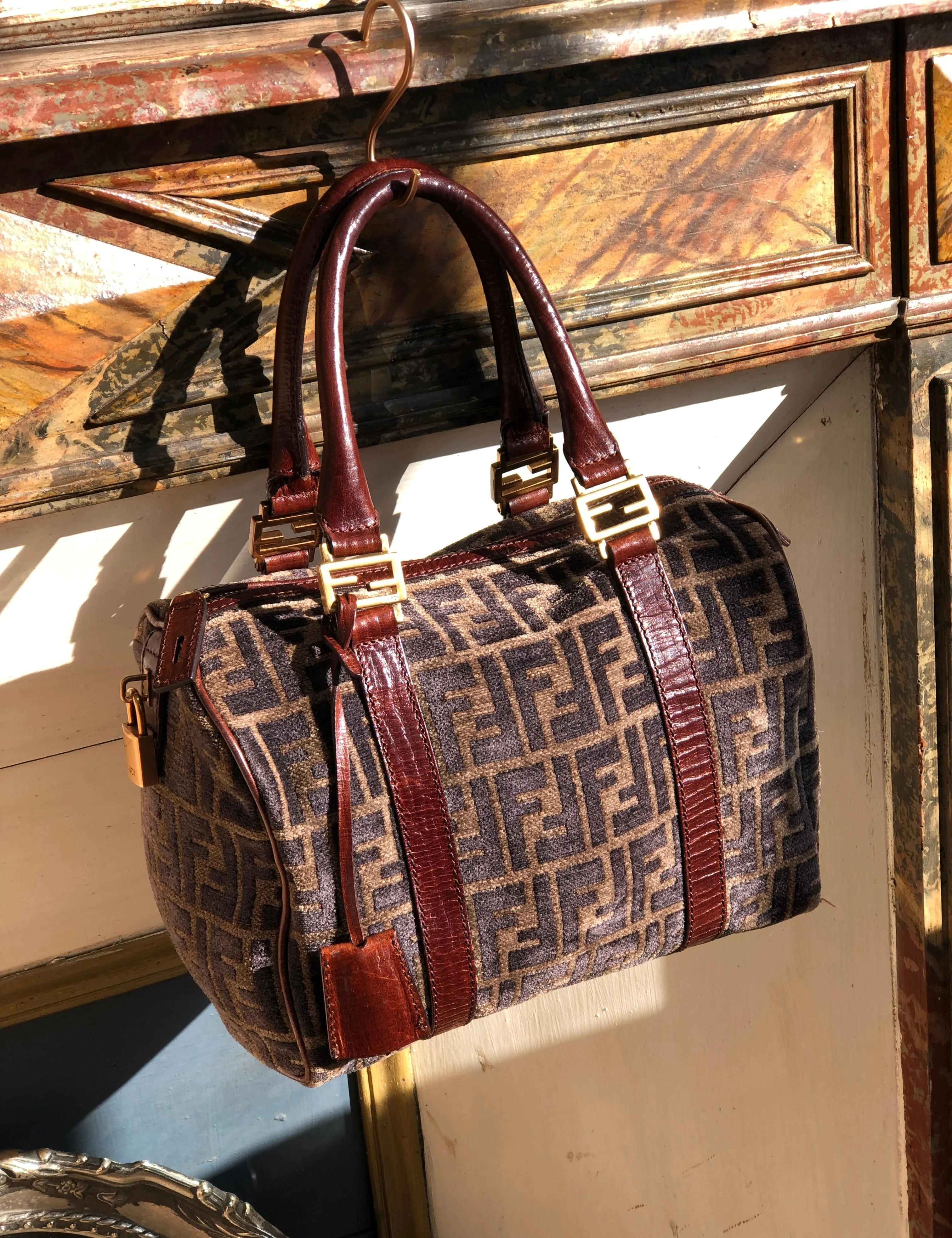 FENDI Zucca Velour Small Bostonbag Handbag Brown Vintage Old 3784cm