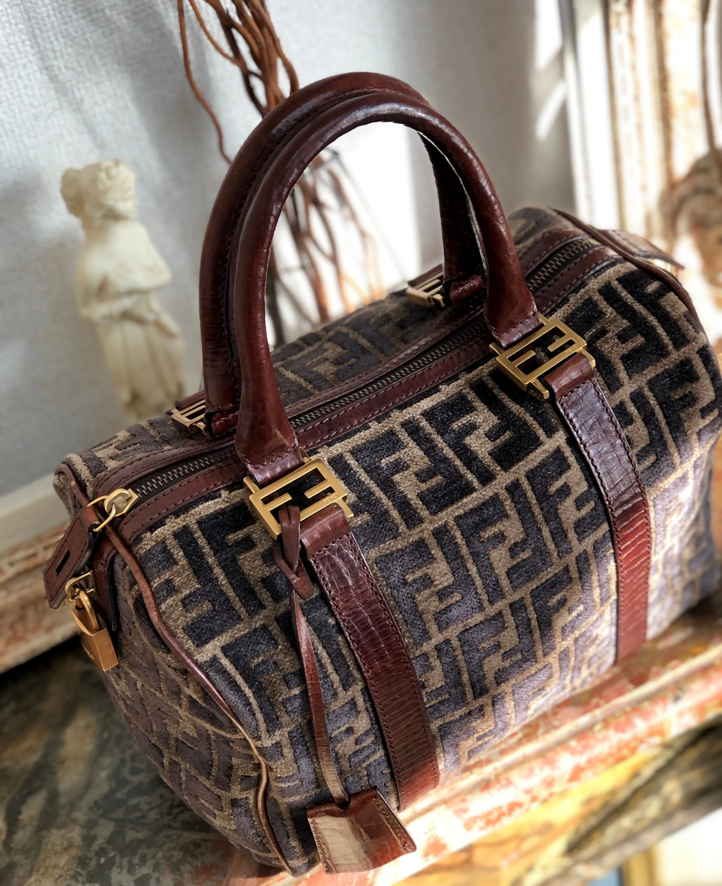 FENDI Zucca Velour Small Bostonbag Handbag Brown Vintage Old 3784cm