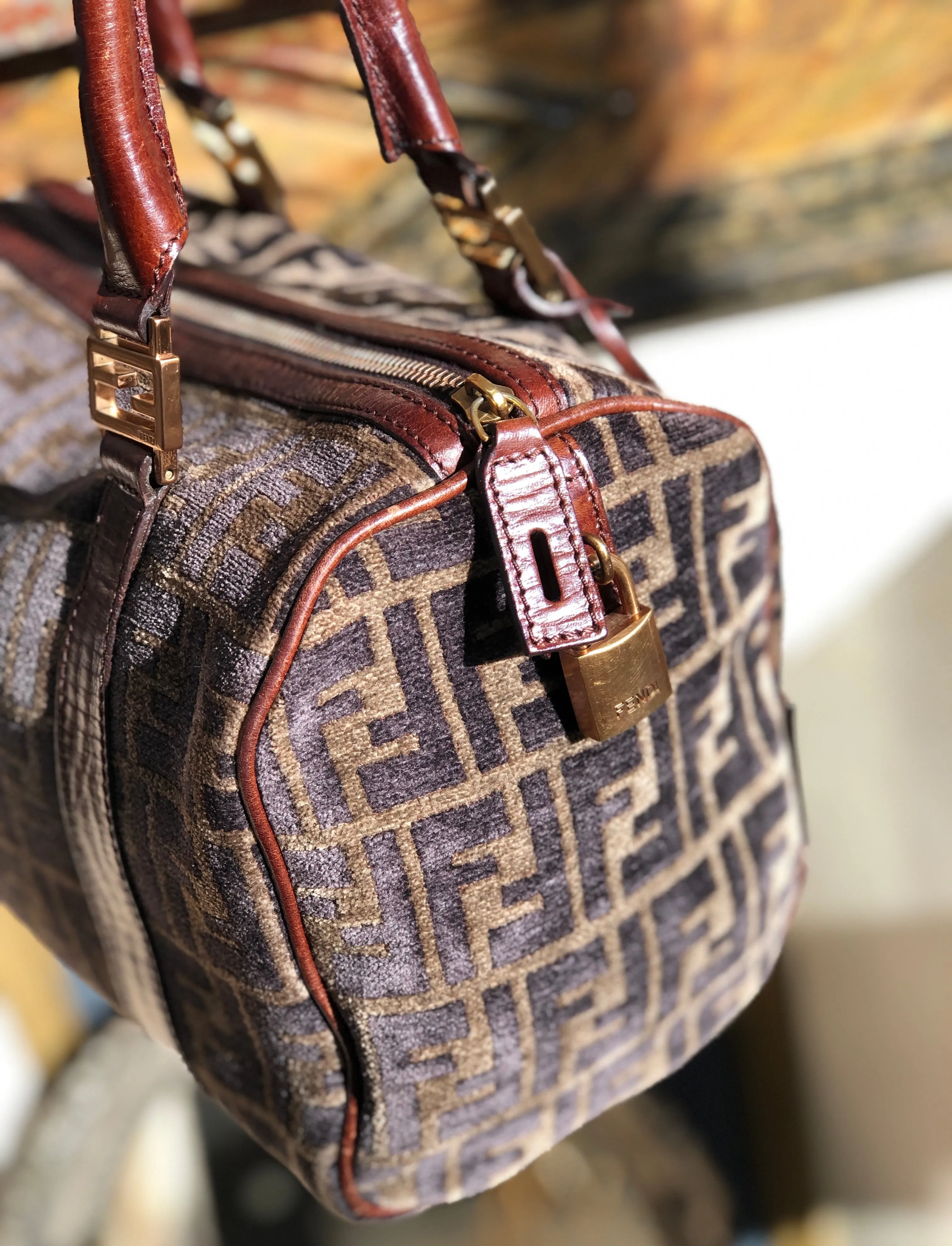 FENDI Zucca Velour Small Bostonbag Handbag Brown Vintage Old 3784cm