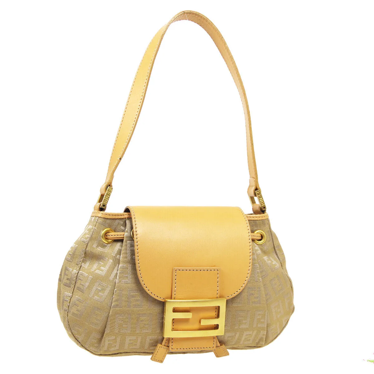 FENDI Zucchino Pattern Drawstring Handbag Purse Beige Canvas Leather 36745