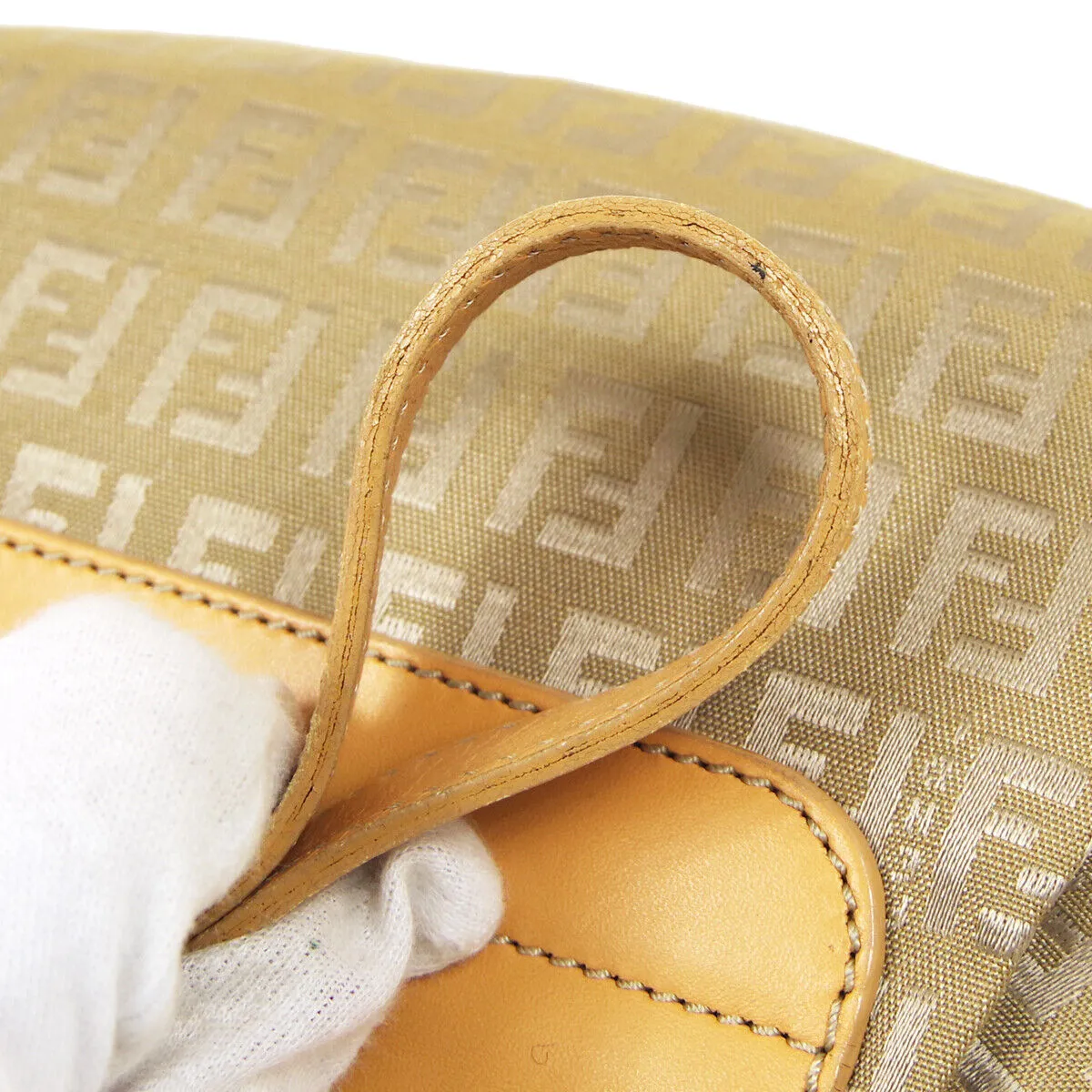 FENDI Zucchino Pattern Drawstring Handbag Purse Beige Canvas Leather 36745