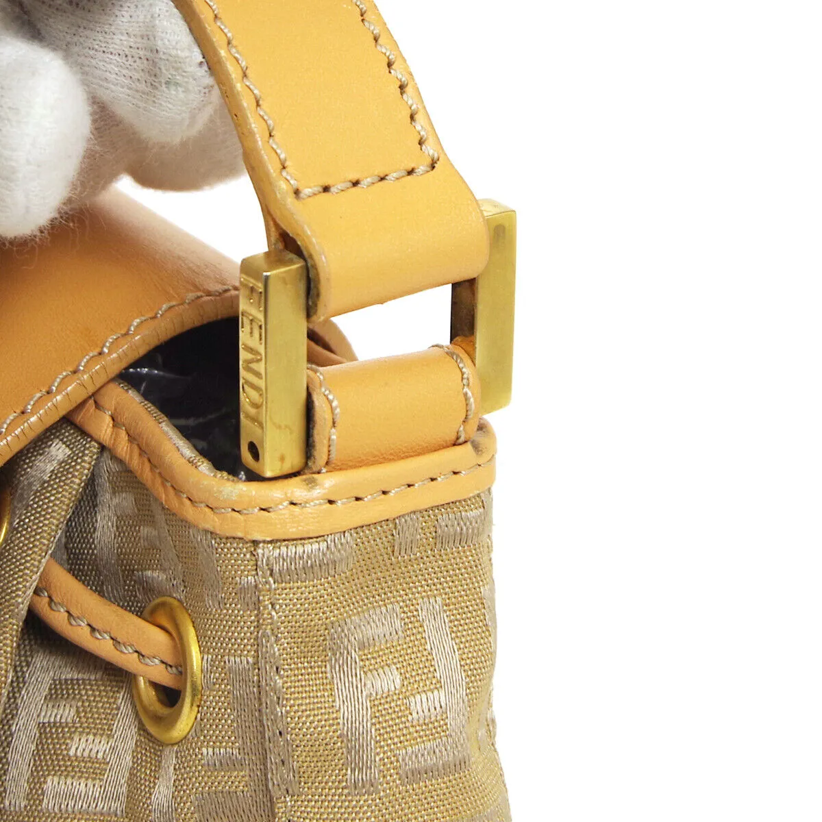 FENDI Zucchino Pattern Drawstring Handbag Purse Beige Canvas Leather 36745