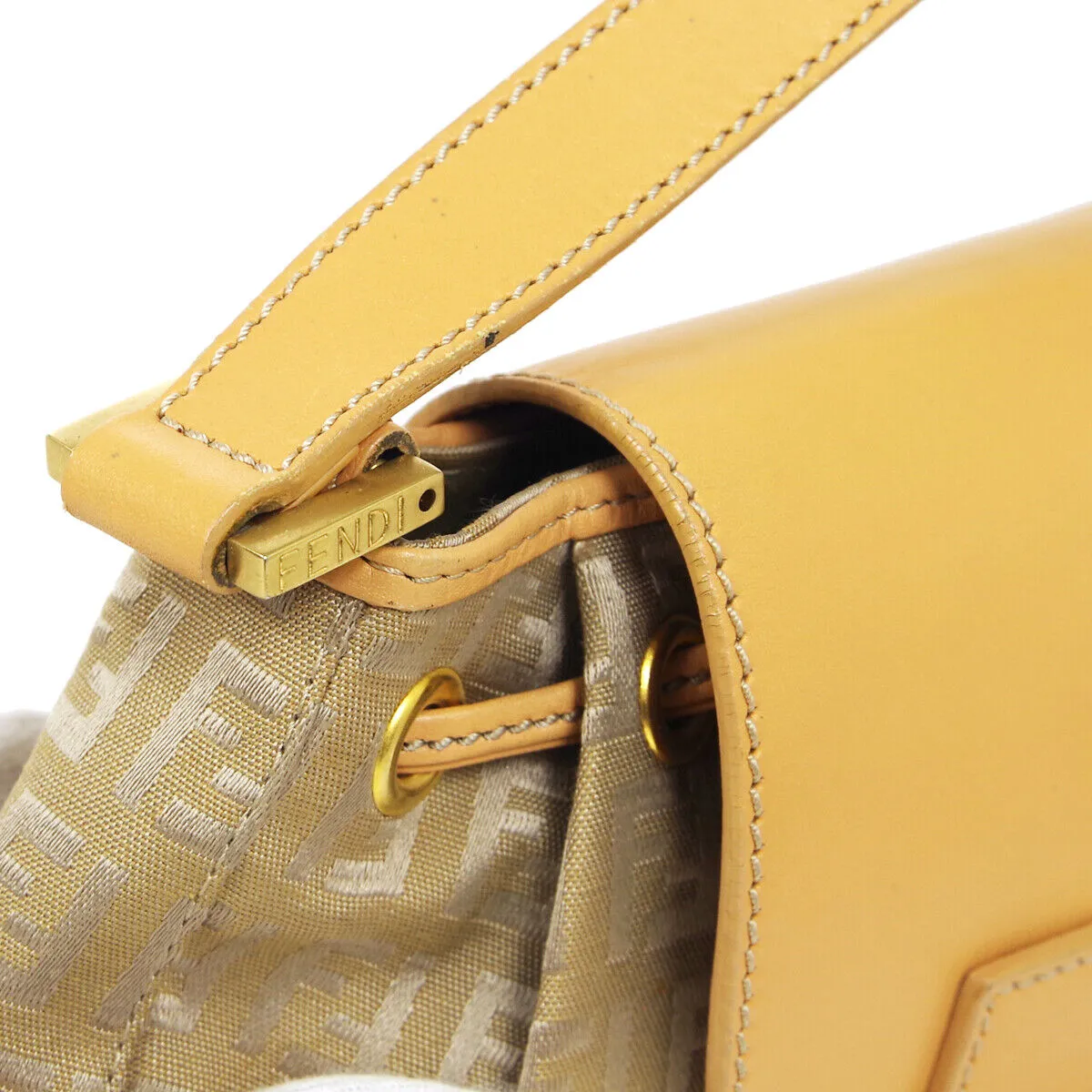 FENDI Zucchino Pattern Drawstring Handbag Purse Beige Canvas Leather 36745