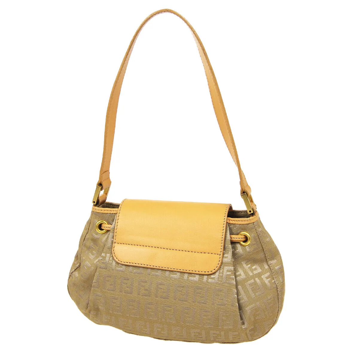 FENDI Zucchino Pattern Drawstring Handbag Purse Beige Canvas Leather 36745
