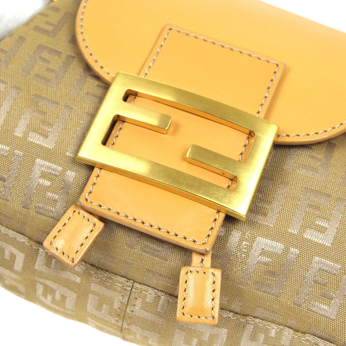 FENDI Zucchino Pattern Drawstring Handbag Purse Beige Canvas Leather 36745
