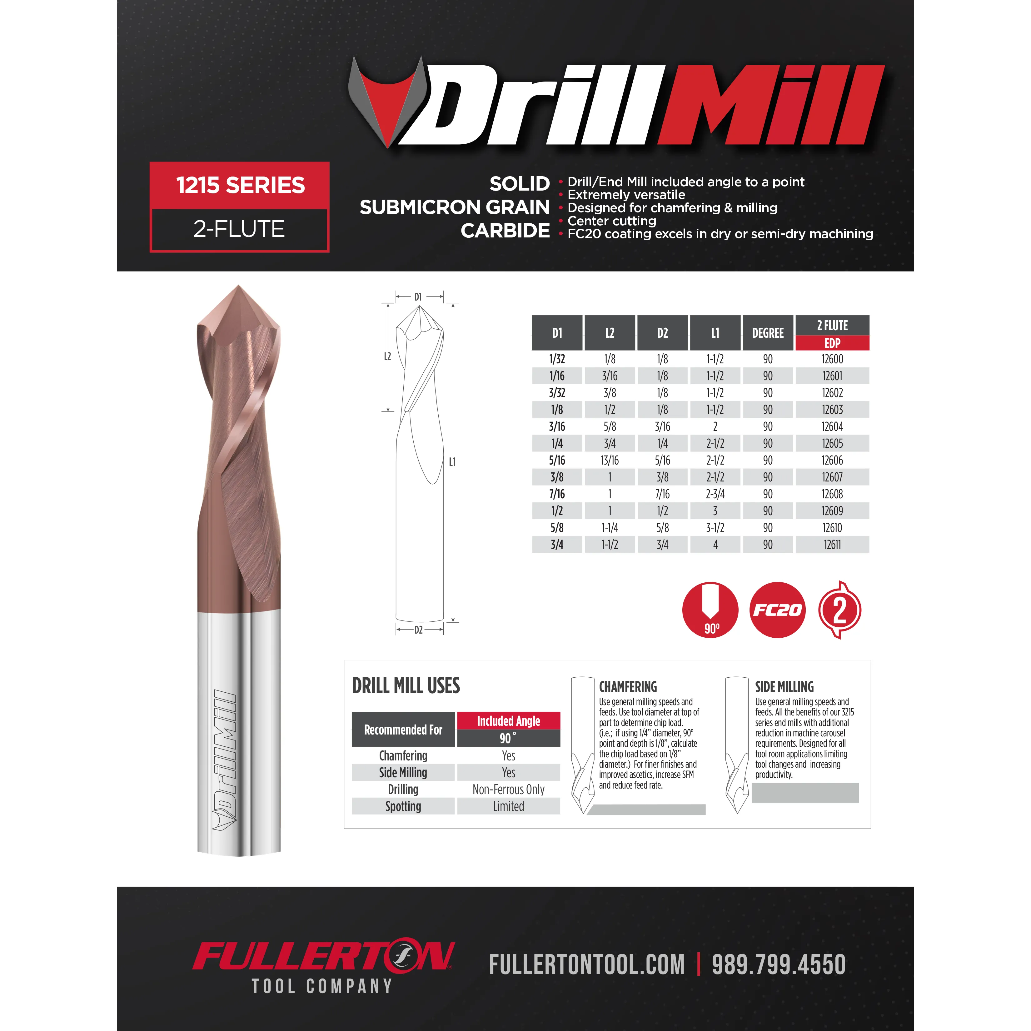 Fullerton Series 1215 Drill Mill – 1/2" x 90° Chamfer