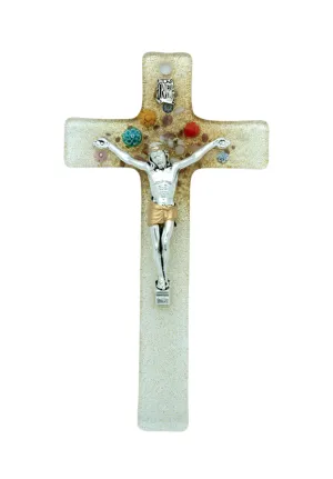 Genuine Murano Glass Crucifix, Clear & Gold with Flowers, 6 in