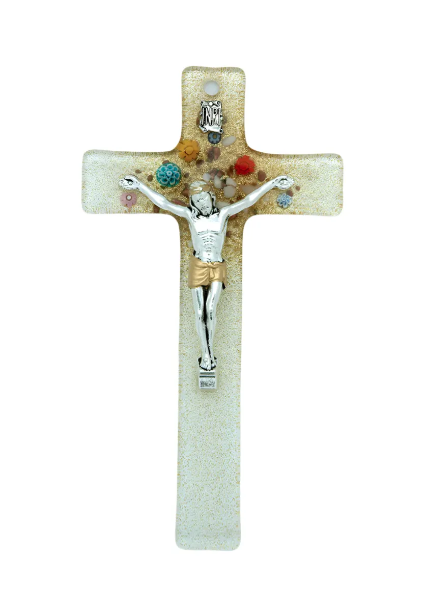 Genuine Murano Glass Crucifix, Clear & Gold with Flowers, 6 in