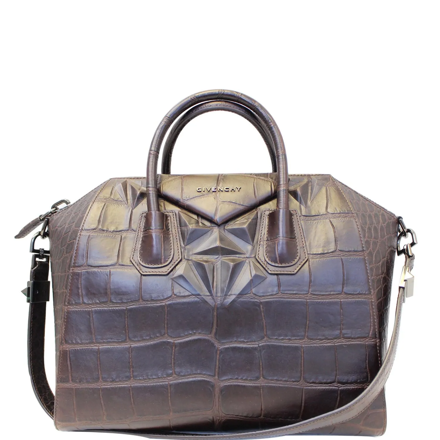 GIVENCHY Antigona Medium Croc Embossed Leather Satchel Shoulder Bag Brown