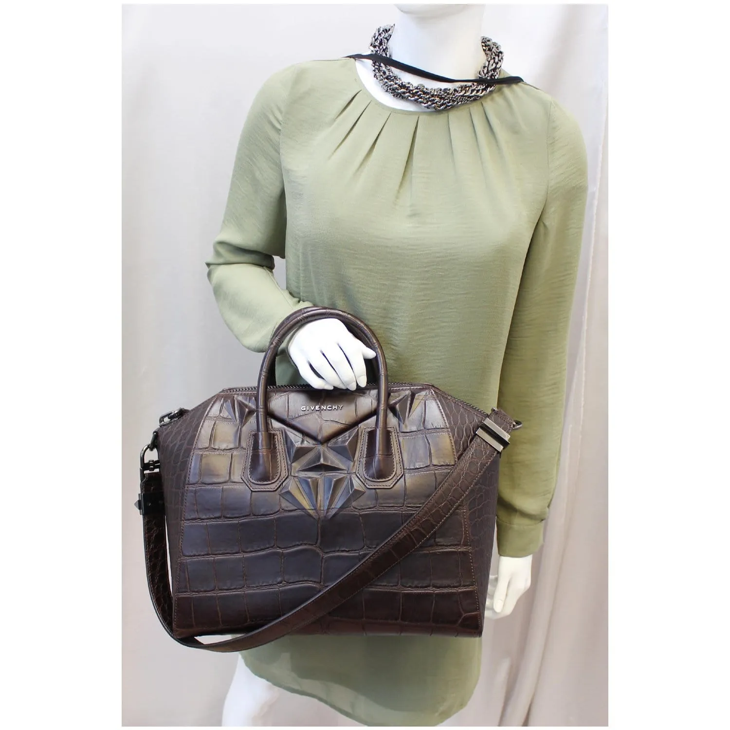 GIVENCHY Antigona Medium Croc Embossed Leather Satchel Shoulder Bag Brown
