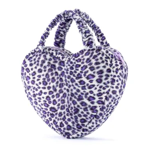 Gloveleya 6-inch Fashion Baby Girls Leopard Handbag Plush Shock Textile Purse Girls Purse Heart Shaped Purple