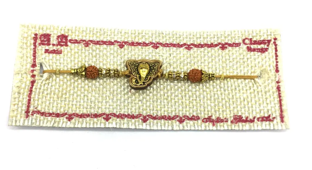 Gold Plated Rakhi with Ganesh Ji Designer Rudraksha Beads Thread Rakhi For Brother