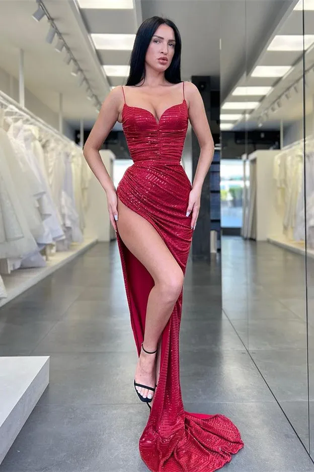 Gorgeous Burgundy SPAGHETTI-STRAPS High split Long Mermaid Prom Dress