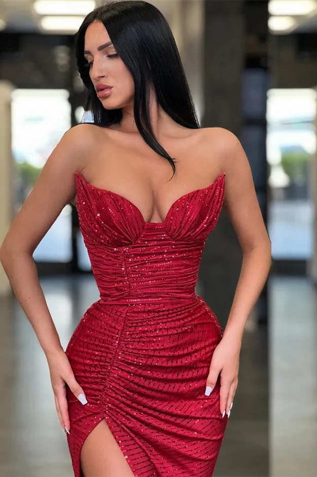 Gorgeous Burgundy SPAGHETTI-STRAPS High split Long Mermaid Prom Dress