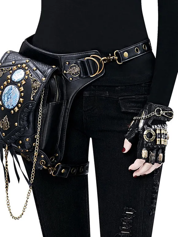 Gothic Lolita Bag Black Metal Details Rivets Waist Pack PU Leather Steampunk Lolita Accessories