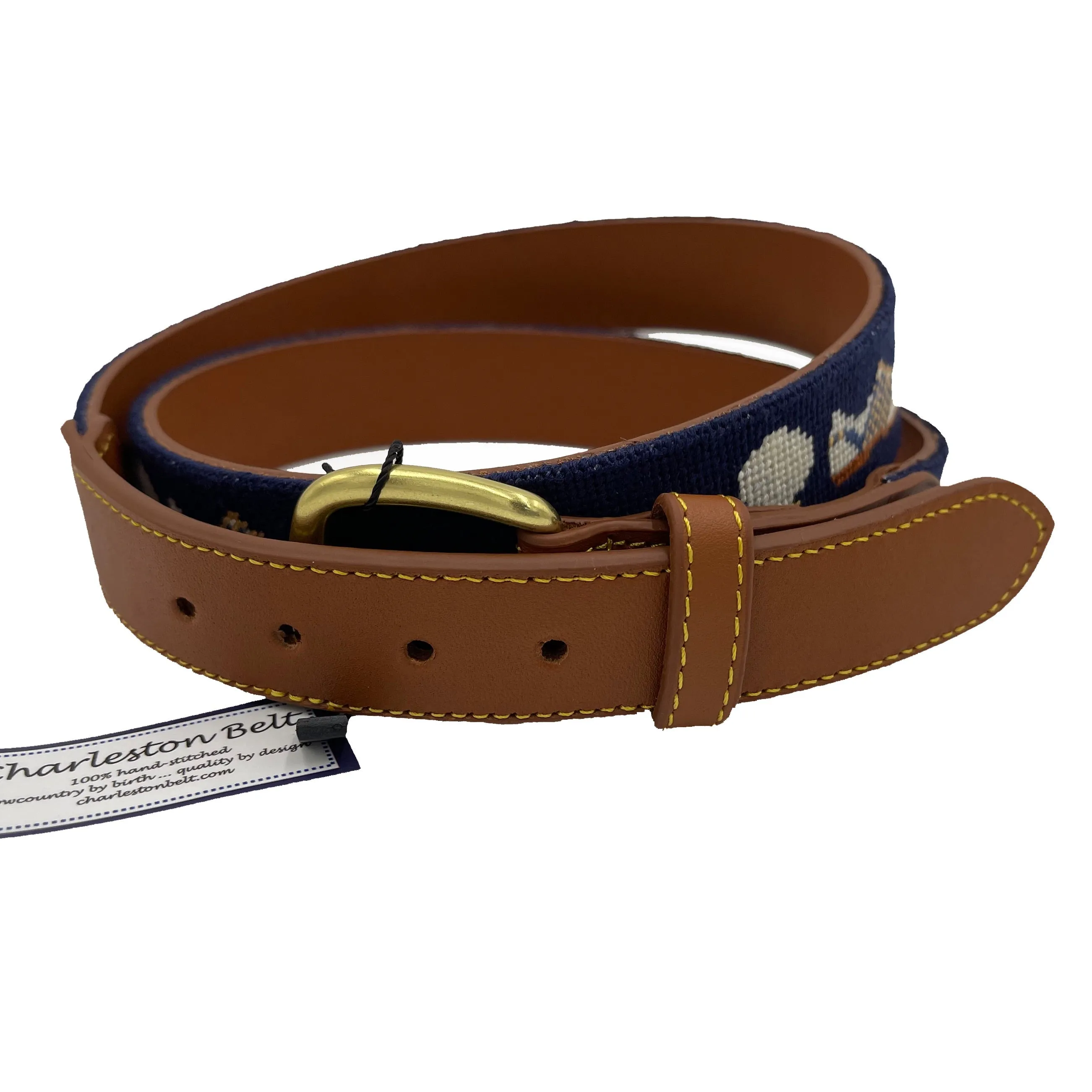 Grateful for Golf Leather Hand-stitched Needlepoint Belt Navy Blue