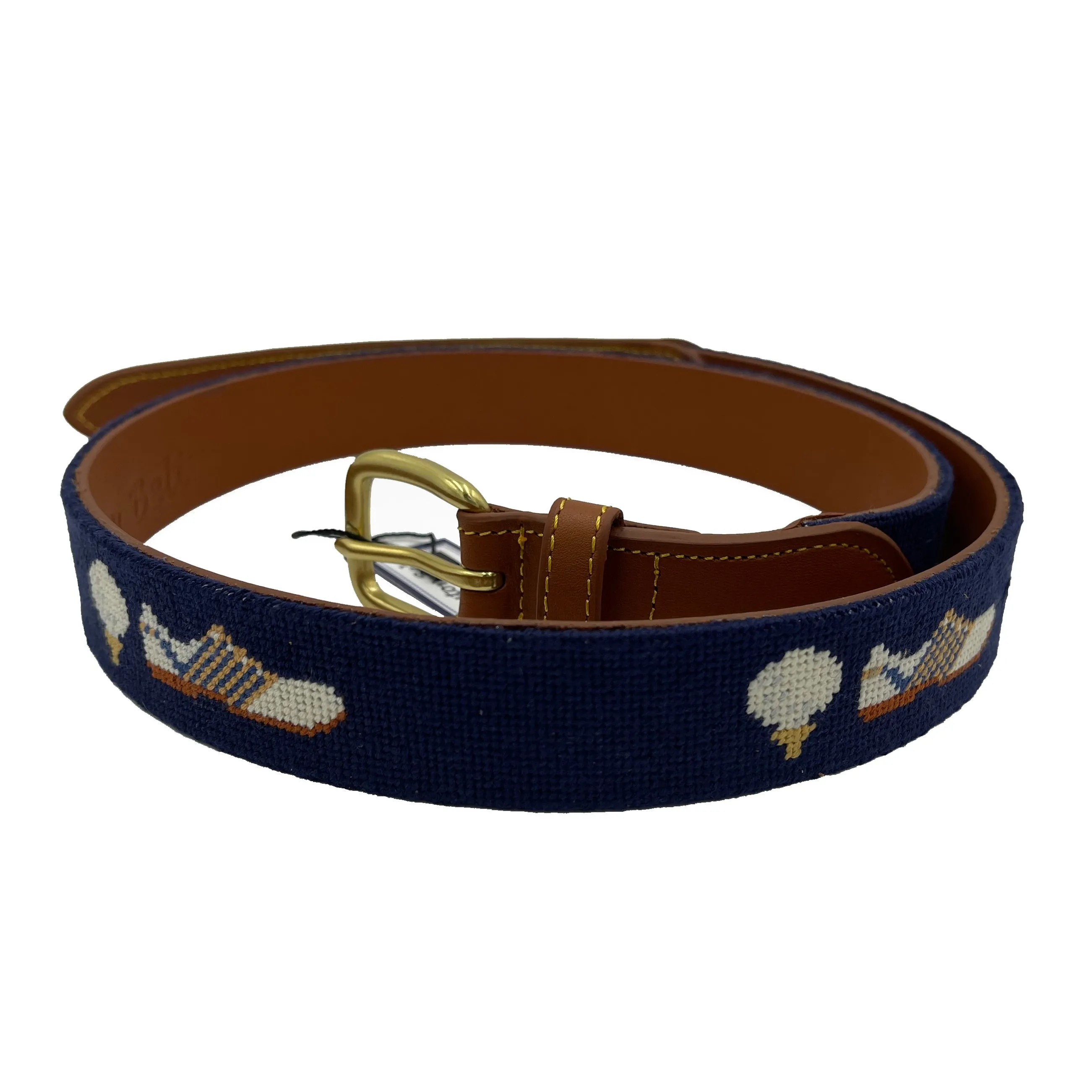 Grateful for Golf Leather Hand-stitched Needlepoint Belt Navy Blue
