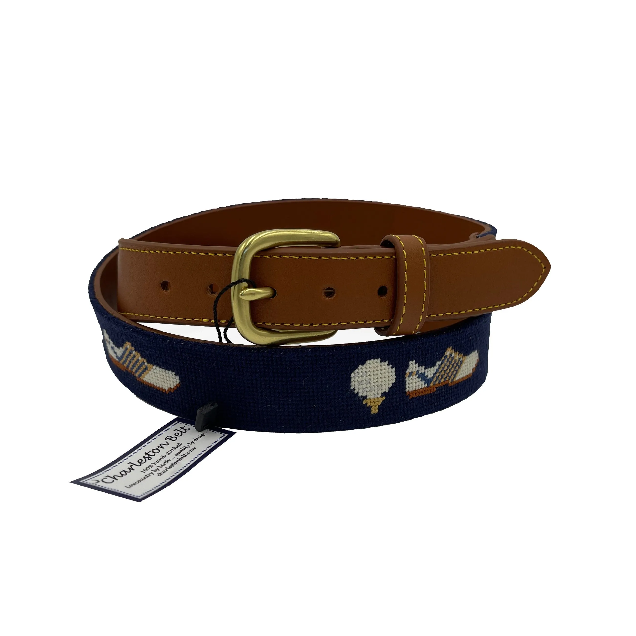 Grateful for Golf Leather Hand-stitched Needlepoint Belt Navy Blue