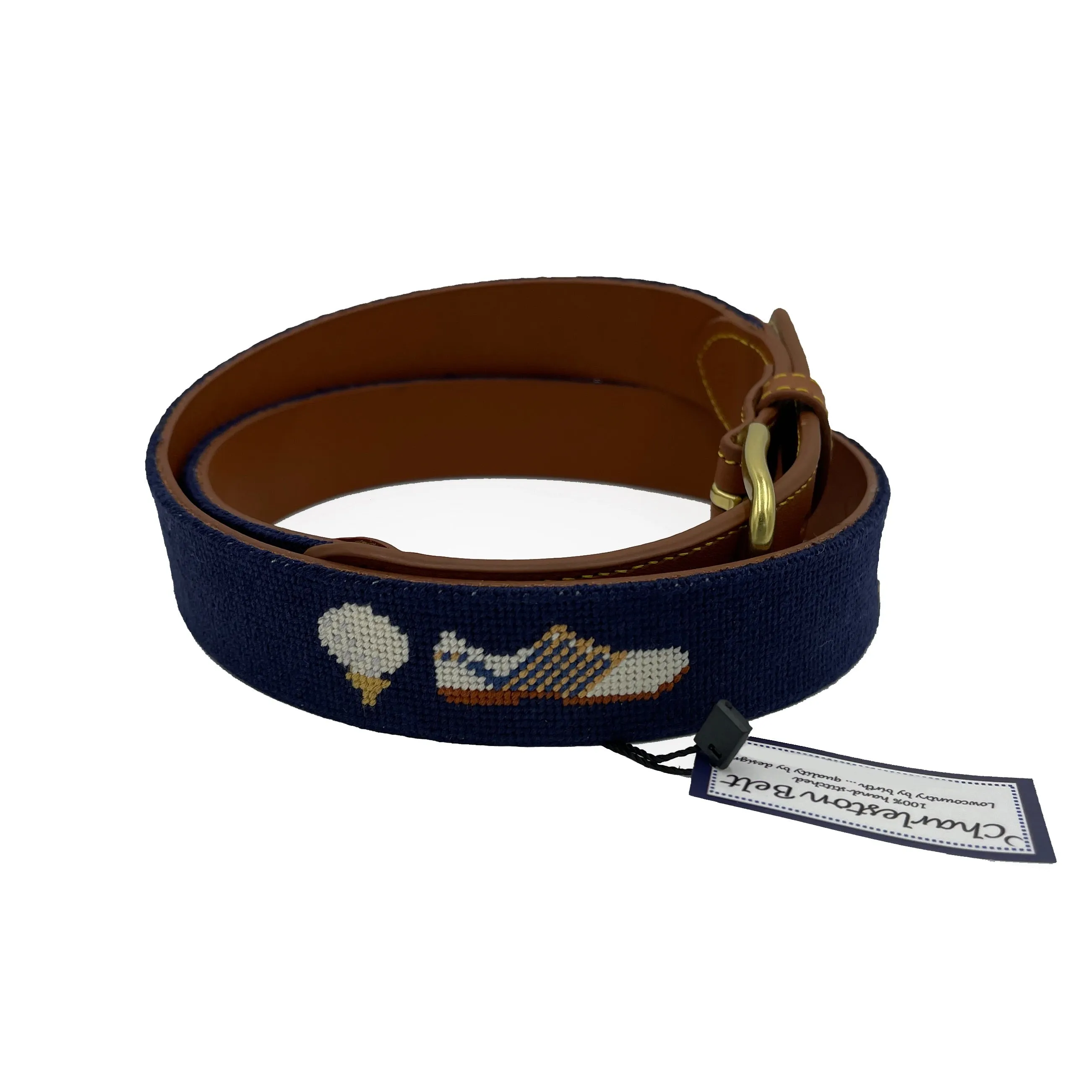 Grateful for Golf Leather Hand-stitched Needlepoint Belt Navy Blue