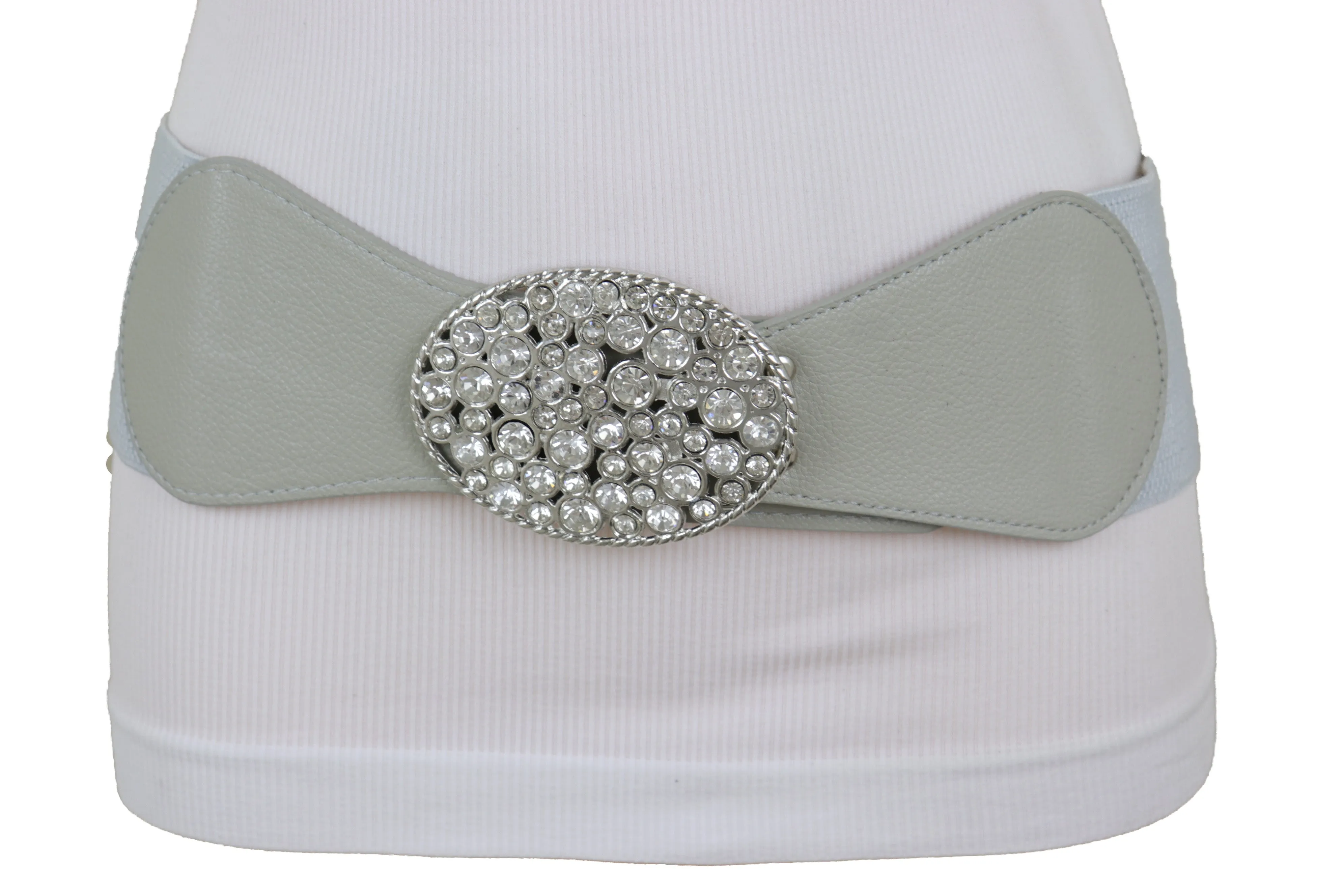 Gray Elastic Band Hip High Waist Fashion Belt Silver Bling Oval Buckle S M