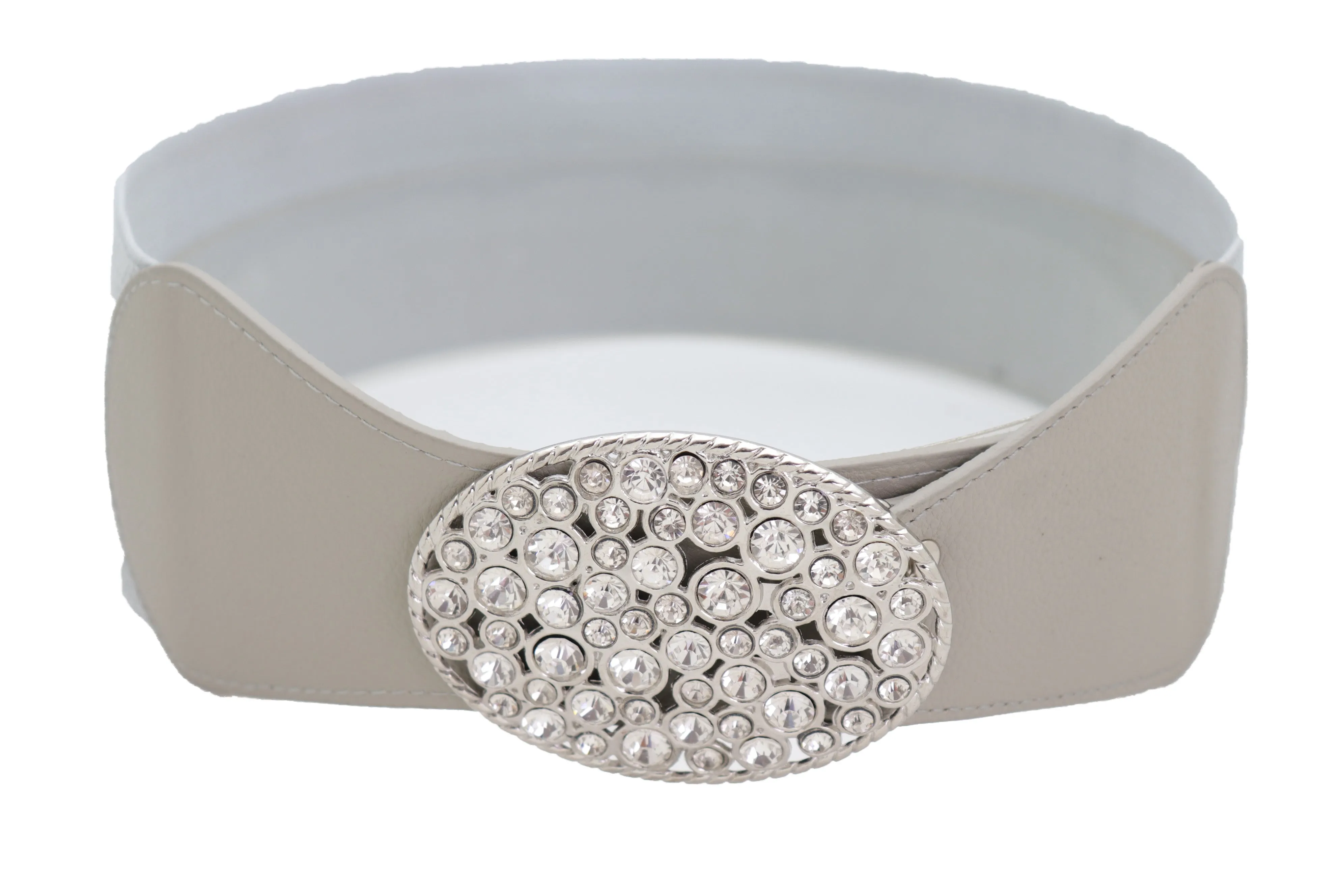 Gray Elastic Band Hip High Waist Fashion Belt Silver Bling Oval Buckle S M
