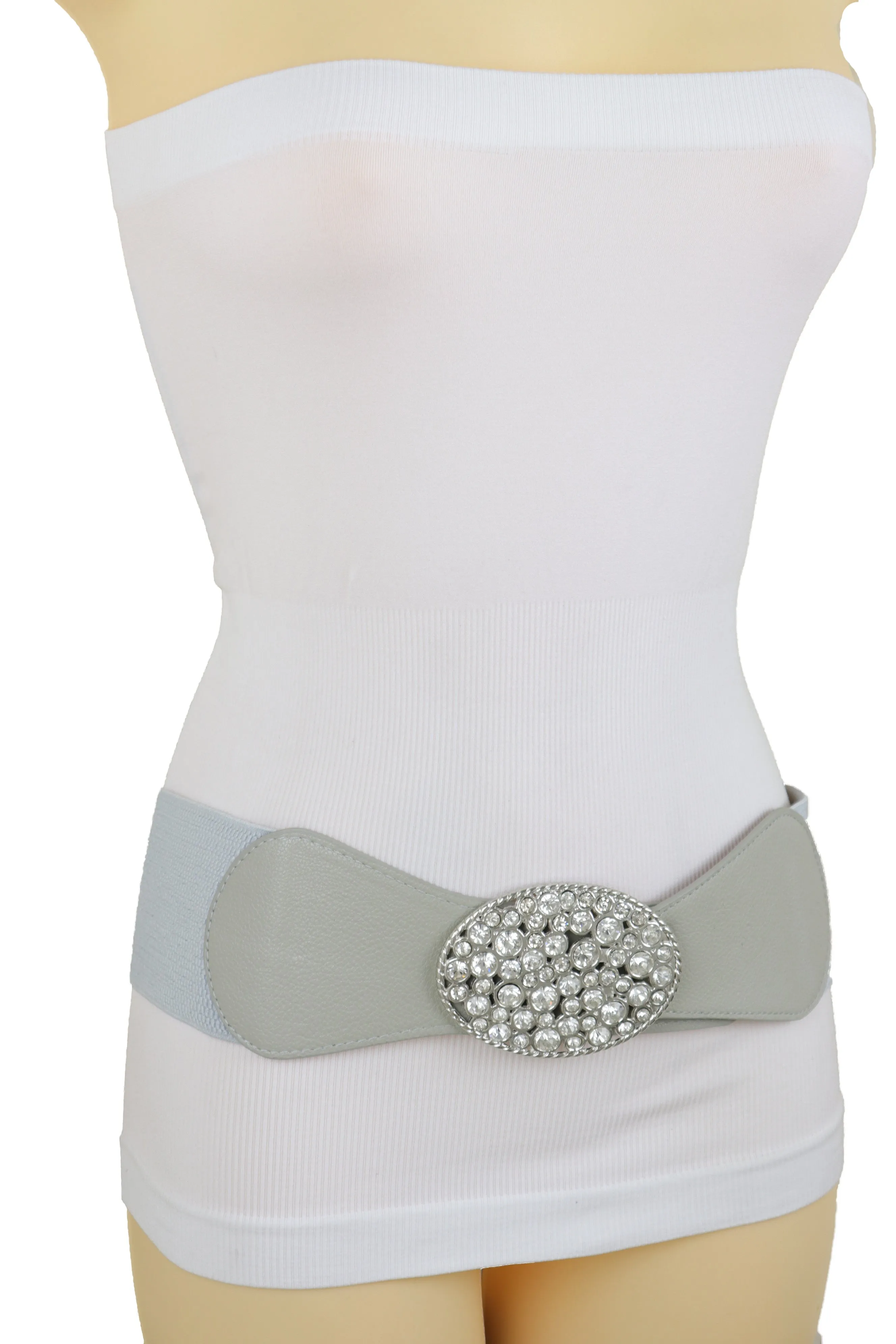 Gray Elastic Band Hip High Waist Fashion Belt Silver Bling Oval Buckle S M