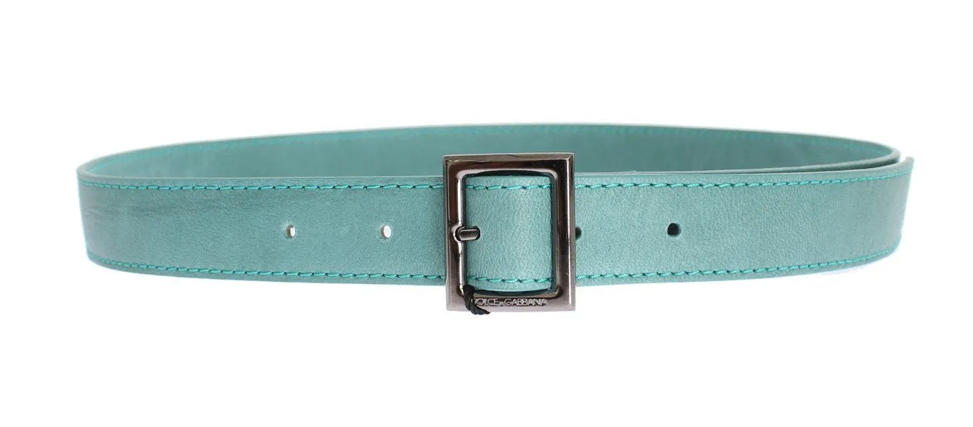 Green Leather Silver Buckle Logo Belt