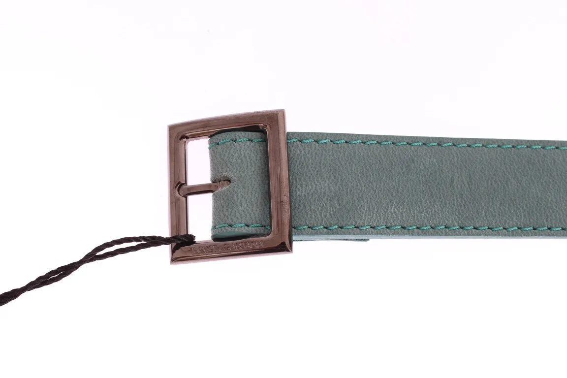Green Leather Silver Buckle Logo Belt