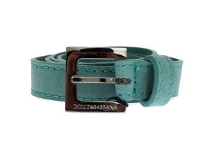 Green Leather Silver Buckle Logo Belt