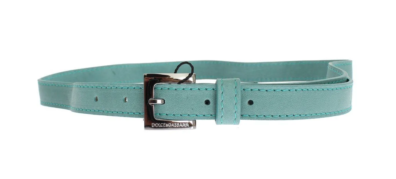 Green Leather Silver Buckle Logo Belt