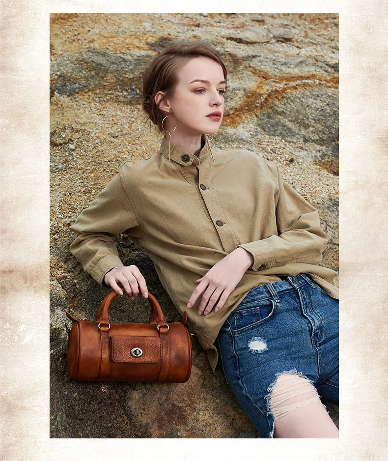 Green Leather Womens Barrel Handbag Handmade Barrel Handbag Crossbody Purse for Ladies
